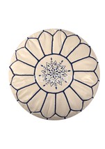 Moroccan leather pouf, round pouf, berber pouf, white pouf with blue emb... - £54.13 GBP