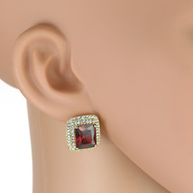 Gold Tone Princess Cut Faux Ruby Earrings With Sparkling Crystals - £26.51 GBP
