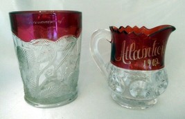 Lot (2) EAPG Ruby Flash Thumbprint Creamer &amp; Glass (Atlantic City, Pittsburgh) - £19.45 GBP