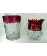 Lot (2) EAPG Ruby Flash Thumbprint Creamer &amp; Glass (Atlantic City, Pitts... - $24.40