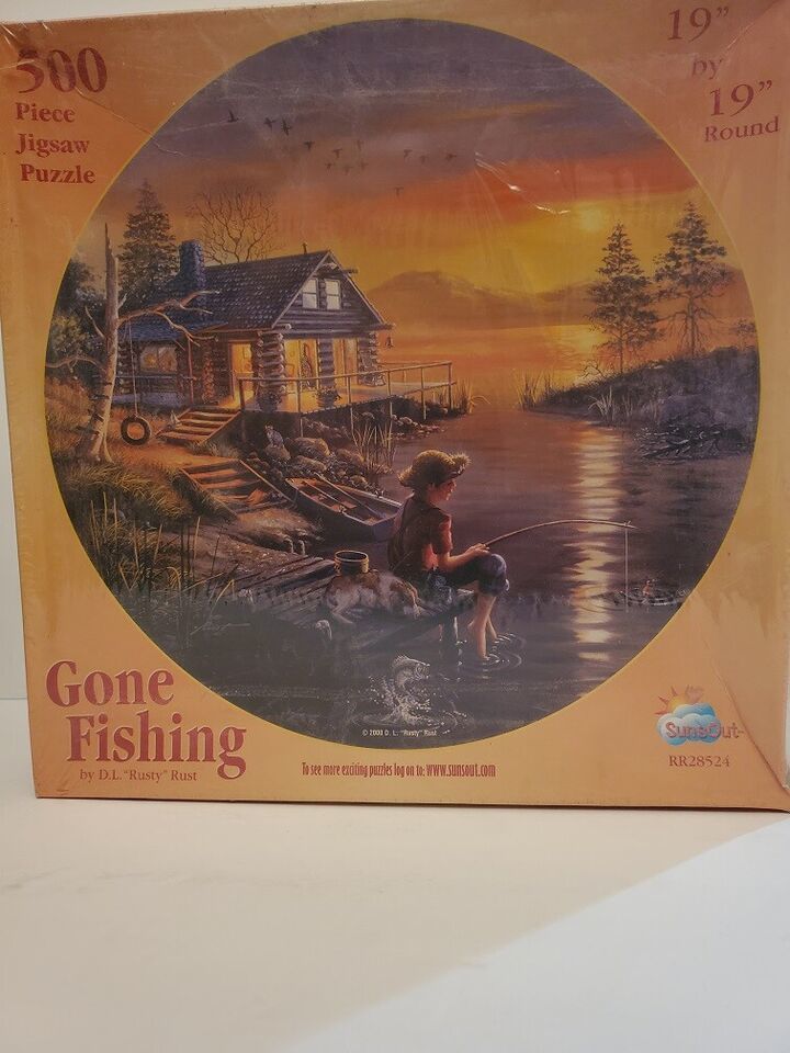 Gone Fishing by D.L. "Rusty" Rust 19" Round 500 Piece Jigsaw Puzzle Sunsout 2000 - $19.99