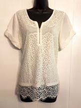 White Lace Front Blouse Women&#39;s Top size Medium Quarter Zip Chiffon Back... - $14.79