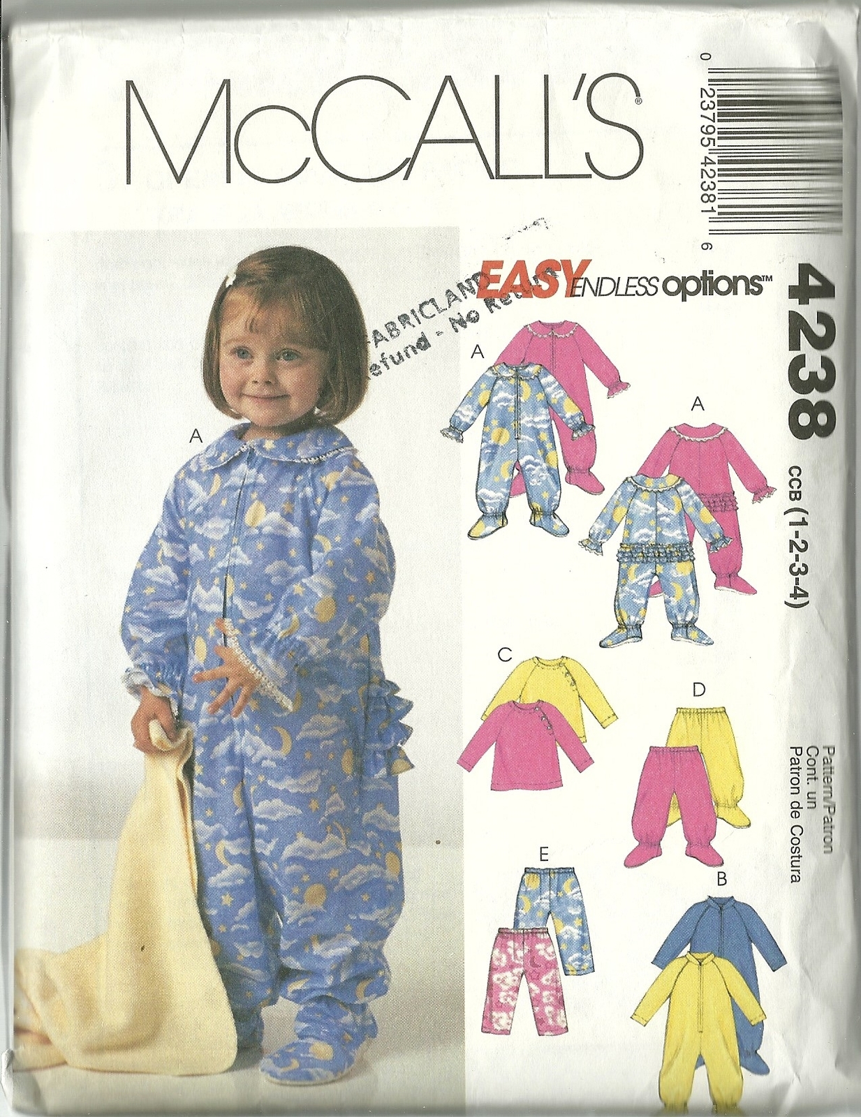 McCall's Sewing Pattern 4238 Toddler Jumpsuit Top Pants Pajamas Size 1 2 3 4 Cut - $9.98