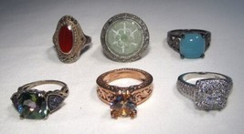 Vintage Estate Sterling Silver 6 Gemstone Ring Lot Jade Carnelian CZ Top... - $196.02