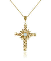 Filigree Art Aqua Chalcedony Gemstone Women Gold Plated Silver Cross Pendant - $49.99