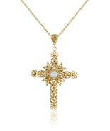 Filigree Art Aqua Chalcedony Gemstone Women Gold Plated Silver Cross Pendant - $49.99