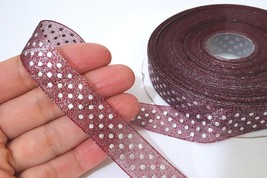 5/8&quot; /16mm-50y Dk Purplish Red Glitter w/ Small Silver Polka Dot Organza ribbon  - £4.78 GBP