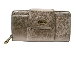 Fossil Leather Maddox Zip Around Wallet Champagne Shiny Color Retro Vint... - $24.04