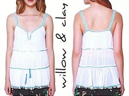 Willow Clay Boho Breeze Embroidered Tank Medium 6 8 White Green Lined To... - $22.18