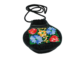 Hand Embroidered Velvet Mini Crossbody Bag Purse Multicolor Floral Stitched Flat - £7.61 GBP