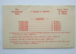 Casino Pinball Machine NOS Game Instruction Replay Card 1958 Original 6,000,000 - £14.34 GBP