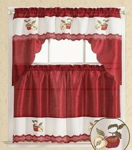 NEVADA APPLES FRUITS BURGUNDY EMBROIDERED DECORATIVE KITCHEN CURTAIN 3 P... - $21.78