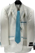 Falcone Men&#39;s Suit 5 Piece Ivory Turquoise Tie Hanky Vest Pleated Pants Size 52L - £133.89 GBP