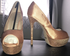 De Blossom Rose Gold Satin Jeweled Open Toe Heels Stilettos Platform Shoes NIB - £12.12 GBP+
