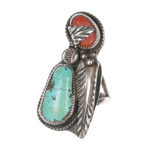 sz7 1970&#39;s David K Lister Navajo Sterling, turquoise, and coral ring - $239.09