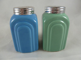 Art Deco Style Salt &amp; Pepper Shaker Set of Two Blue &amp; Green Silver tops ... - $9.89