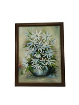 Original Oil Still Life Bouquet Blue White Daisies Flowers Painting SIGNED  - $123.70