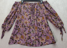 Renee C. Blouse Women Size Large Purple Floral Long Slit Sleeve Off The ... - $18.46