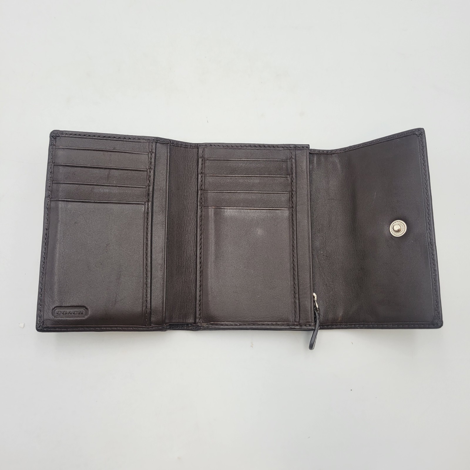 COACH Brown Signature Canvas Trifold Wallet Snap Closure Silver Hardware Item image 11