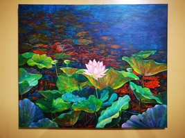 Original painting, acrylic paint on canvas Beautiful nature thai lotus f... - £331.48 GBP