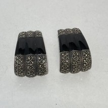 Judith Jack Large Sterling Marcasite Black Onyx Pierced Earrings Art Dec... - £68.07 GBP