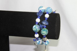 Bracelet (New) Double Blue &amp; White Beaded - W/ Silver Beads &amp; Birds - Stretch - £11.48 GBP