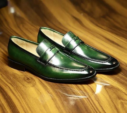 HANDMADE LEATHER LOAFERS FOR MEN, MEN GREEN SLIP ONE'S, DRIVING SHOES