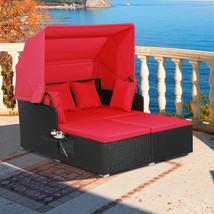 Patio Rattan Daybed Lounge Retractable Top Canopy Side Table w/ Red Cushions - £336.21 GBP