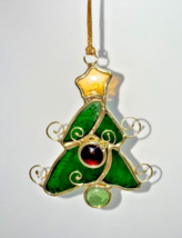 Vintage Stained Glass Christmas Tree Ornament Handcrafted Green Red Gold... - $19.39