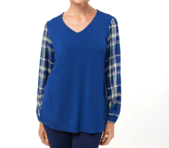 Belle Kim Gravel Mixed Media Knit Top with Woven Sleeves- Estate Blue, SMALL - £18.04 GBP