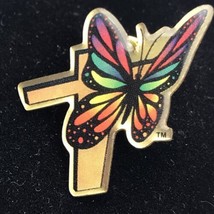 Rainbow Butterfly Cross Vintage Pin Gold Tone Christian Colorful Brooch - $12.88