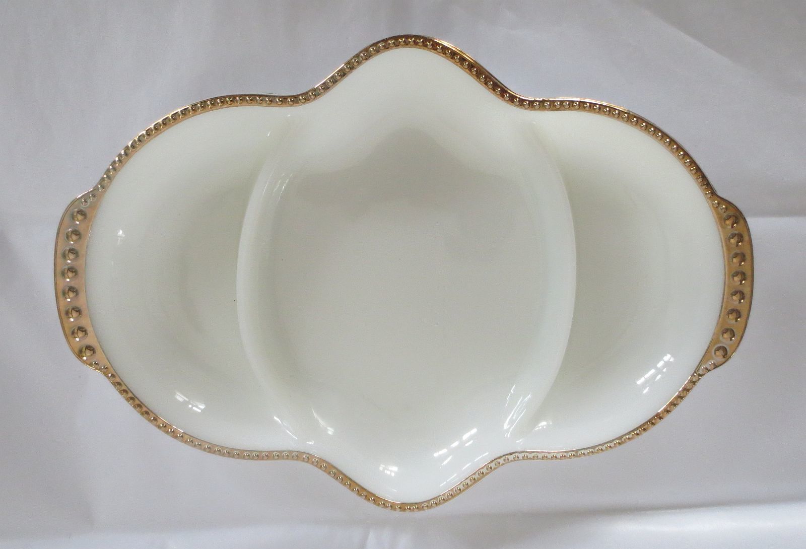 Primary image for VTG Anchor Hocking Fire King Milk Glass 3 Section Divided Serving Dish Gold Trim