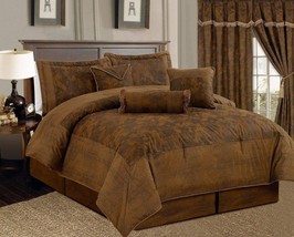 Grand Linen 7 Piece Dark Camel Brown Lavish 106"X 94" Comforter Set Micro Suede - $127.99