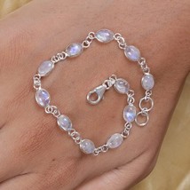 925 Pulsera De Piedra Lunar Arco Iris Blanco Plata Esterlina Sólida Hecha A Mano - £42.36 GBP