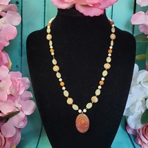 Vintage Carved Lucite Rose Pendant Yellow Japanese Millefiori Beaded Necklace - £14.98 GBP