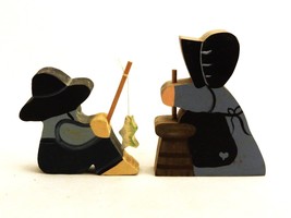 2 Wooden Cutout Amish Figurines, Churning &amp; Fishing, Hand Painted, AMSH-09 - $9.75
