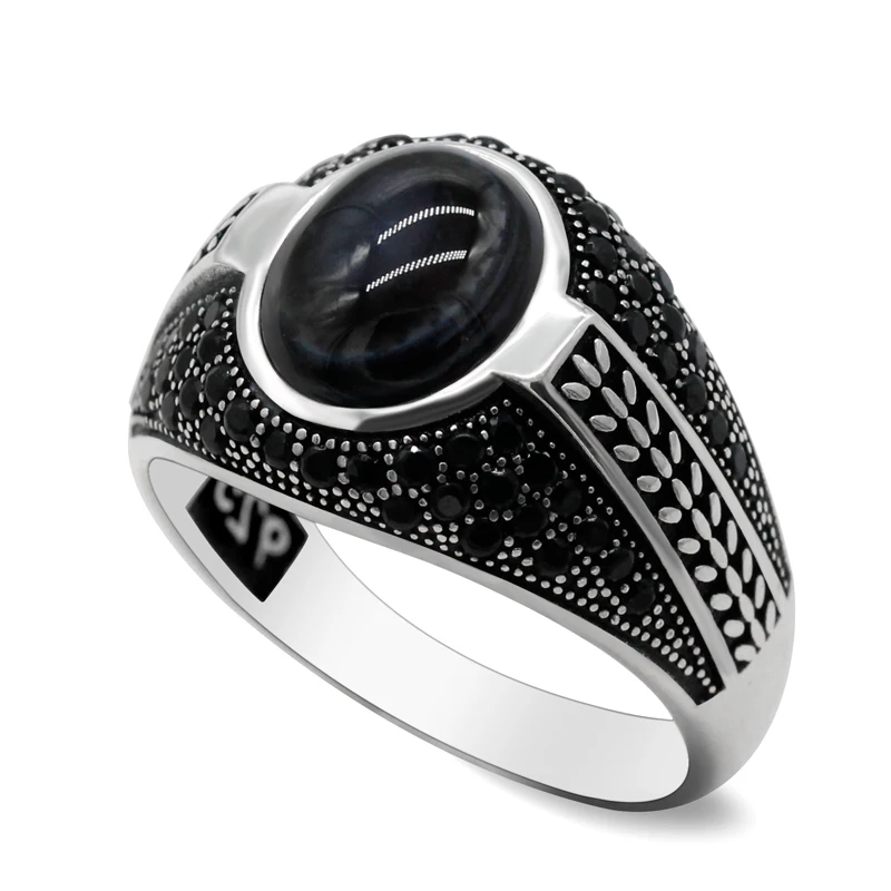 S925 Sterling Silver Lnlaid Natural Black Agate/CZ Zircon Male Ring Muslim Relig - £59.56 GBP