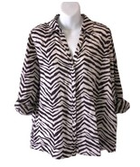 Tahari Shirt Womens Medium Brown White Zebra Print Linen Tunic Wild Bold - $24.97