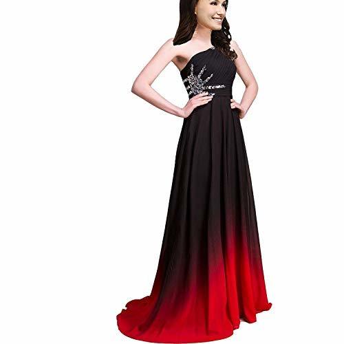 Kivary Beaded One Shoulder Long Ombre Chiffon Prom Evening Dress Formal Black Re