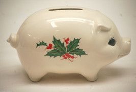 Vtg Anchor Hocking Holiday Wreath Holly Pattern Pig Piggy Coin Bank Tool Ceramic - £39.34 GBP