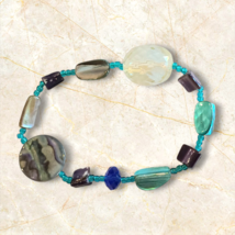 Vintage Womens Colorful Abalone &amp; Glass Stone Stretch Bangle Bracelet - $9.49