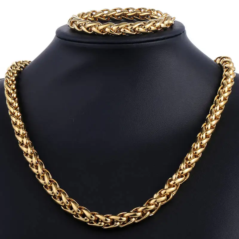 9.5mm Wheat Braided Link Jewelry Set Gold Tone Stainless Steel Necklace Bracelet - £39.18 GBP