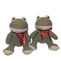 Vintage Twin Smiling Bullfrogs Heart Bows 13” Plush Stuffed Animal Toy W... - $18.59
