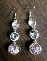 3-Stone Pink &amp; Clear Rhinestone Dangle Goldtone Earrings Pierced Wires - £10.27 GBP