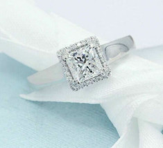 Halo Engagement Ring 2.25Ct Princess Cut Simulated Diamond 14K White Gold Size 6 - £202.64 GBP
