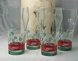 Christmas Coca Cola Glasses Winter Pinecone Green Tint Vintage Set Of 4 - £15.02 GBP