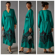 New Anthropologie Nikasha Embroidered Satin Dress $260 XXS Green  - $112.50