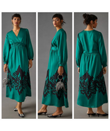 New Anthropologie Nikasha Embroidered Satin Dress $260 XXS Green  - £89.95 GBP