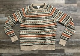 J.Crew Womens Large Brown Striped Lambs Wool Crewneck Sweater Fair Isle - $23.12