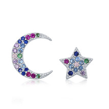 Crescent moon and star rainbow cz stud Women&#39;s Earrings .925 Silver 280105 - £55.49 GBP